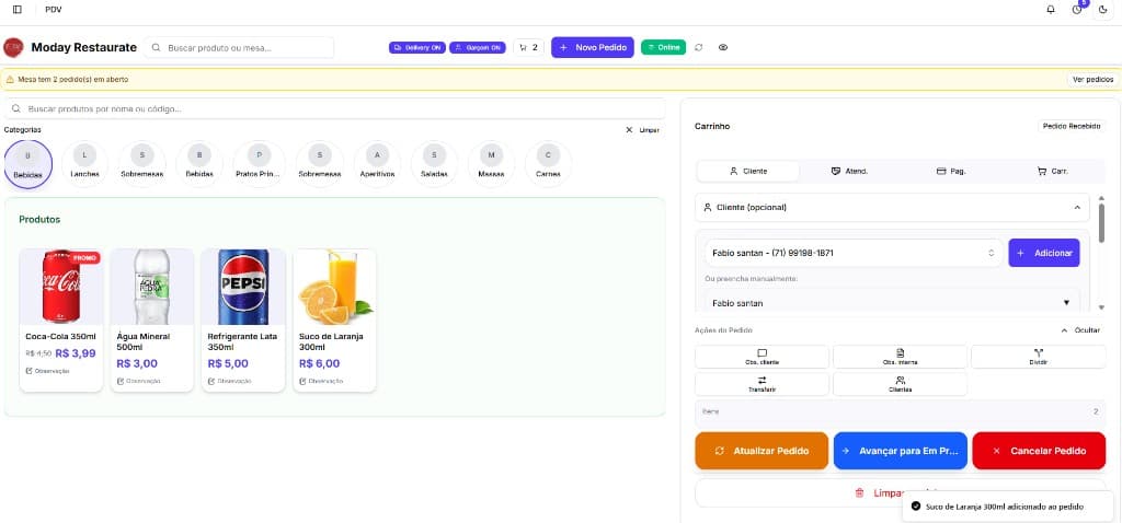 PDV do Alba Tec com pedido em andamento, cliente, produtos e status